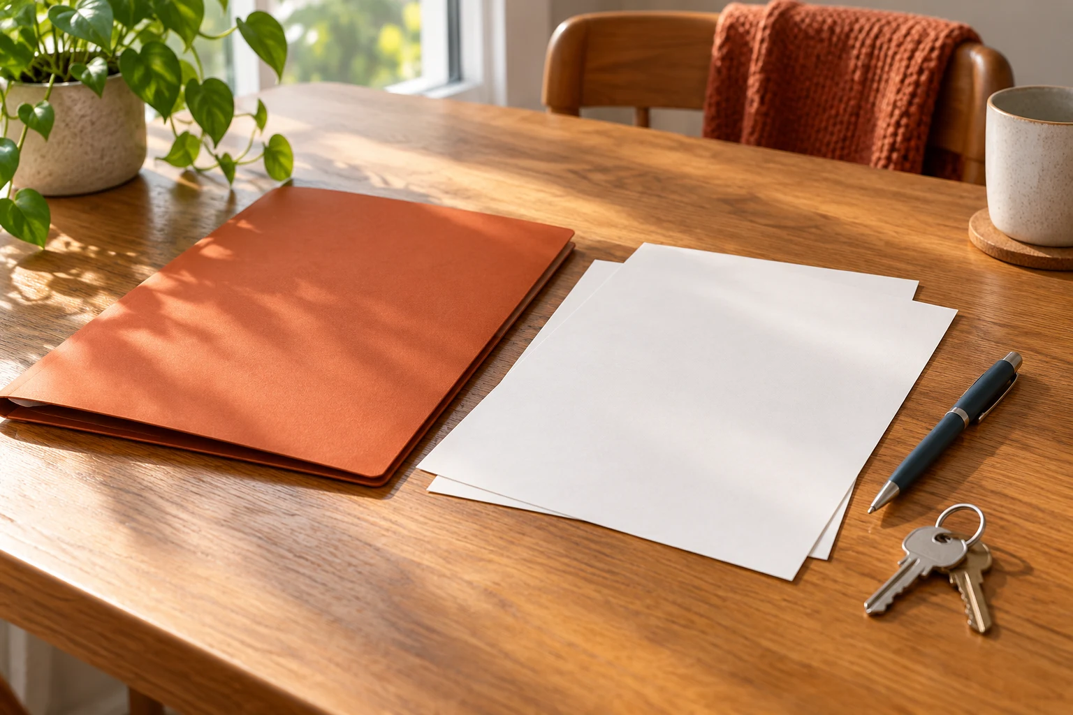 Carpeta, documentos sin texto y llaves sobre una mesa; escena conceptual de una compraventa.