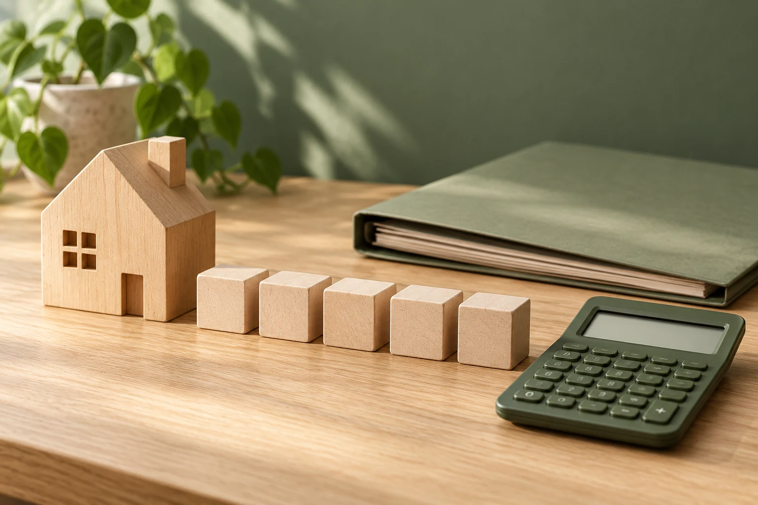 Casa de madera, bloques y calculadora con pantalla vacía; ilustración conceptual, sin datos de una hipoteca real.