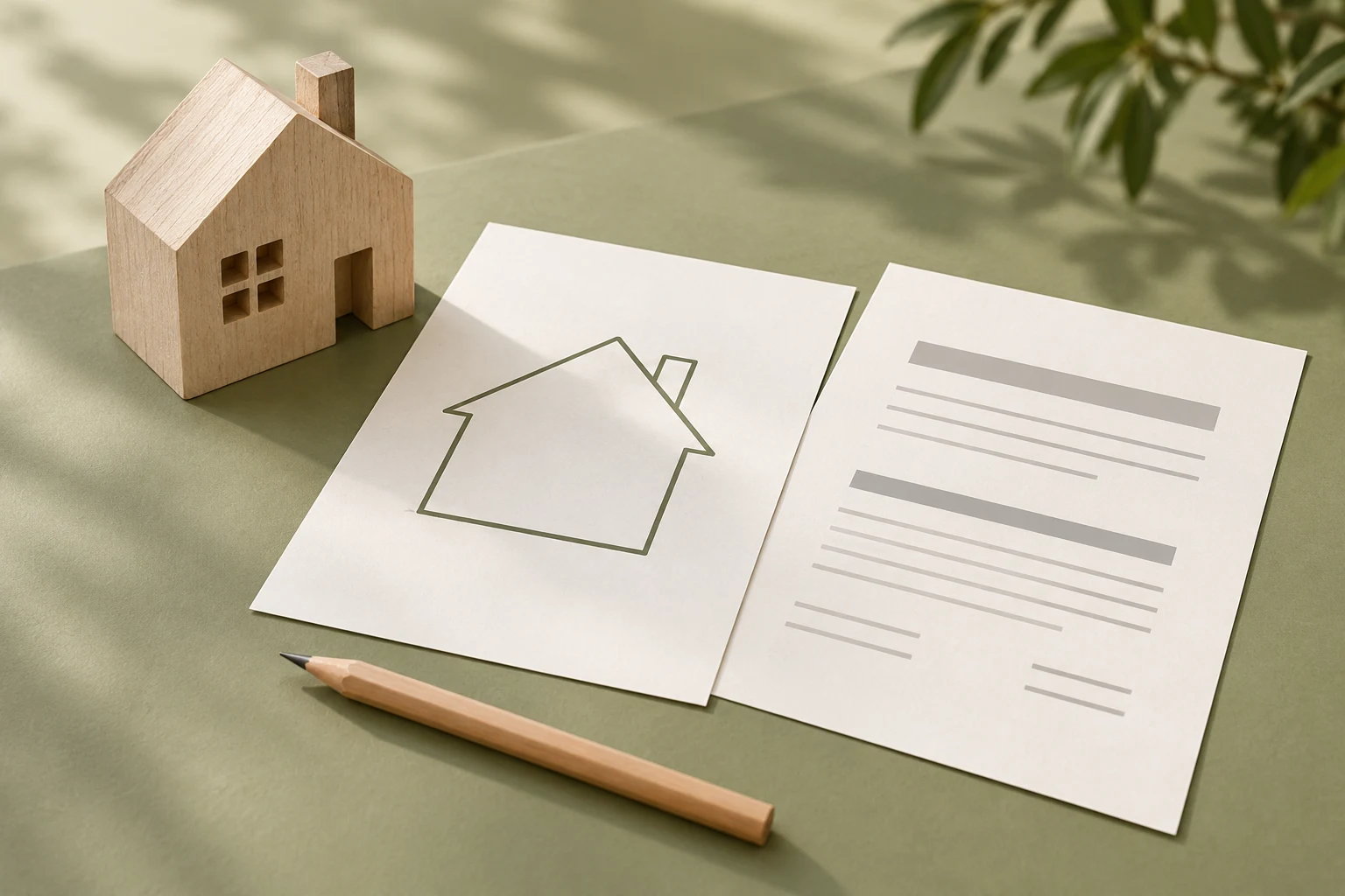 Casa de madera y documentos sin letras energéticas ni datos; no es un certificado ni una inspección real.