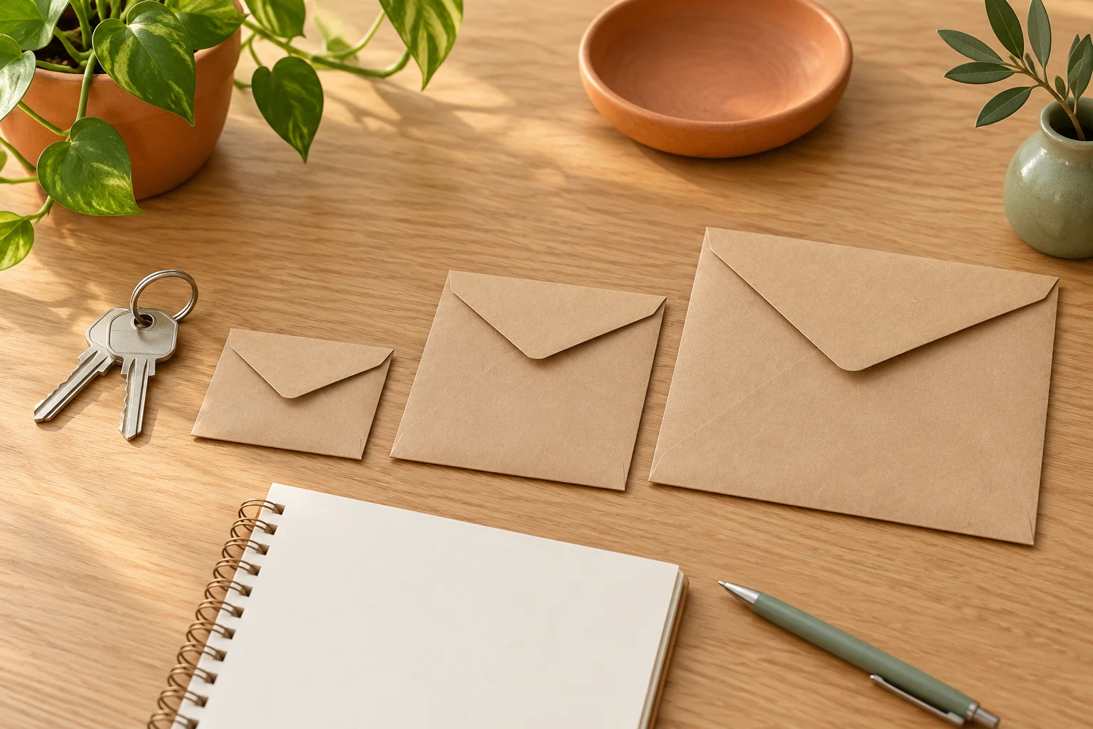 Tres sobres sin texto junto a unas llaves y un cuaderno, como concepto de pagos separados al alquilar.