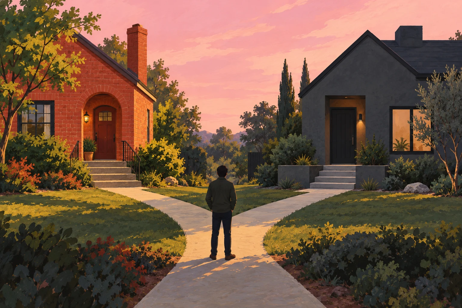Calle imaginaria pintada en gouache con dos caminos y viviendas ficticias; no ofrece inmuebles ni representa una entidad bancaria.