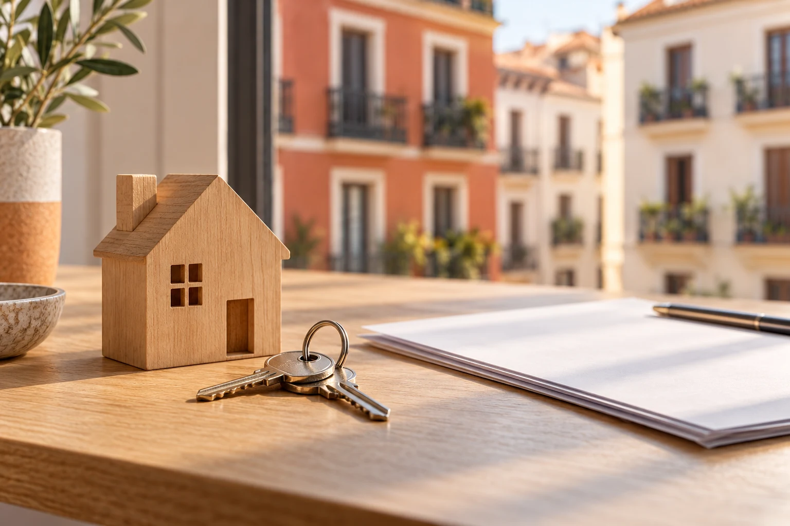Llaves y maqueta de una casa sobre una mesa con documentos sin texto