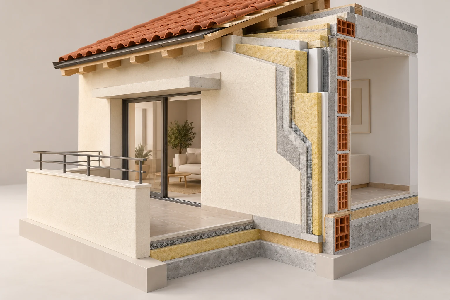 Maqueta de pared y cubierta seccionadas; no es un detalle constructivo para ejecutar.