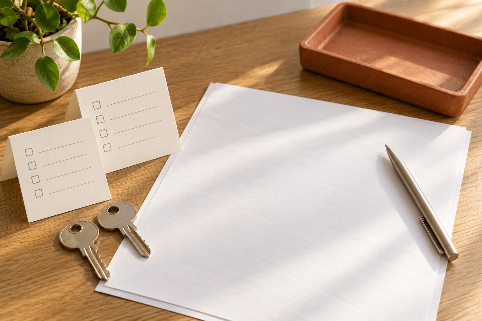 Documentación en blanco, tarjetas de comprobación y llaves, sin contrato real.