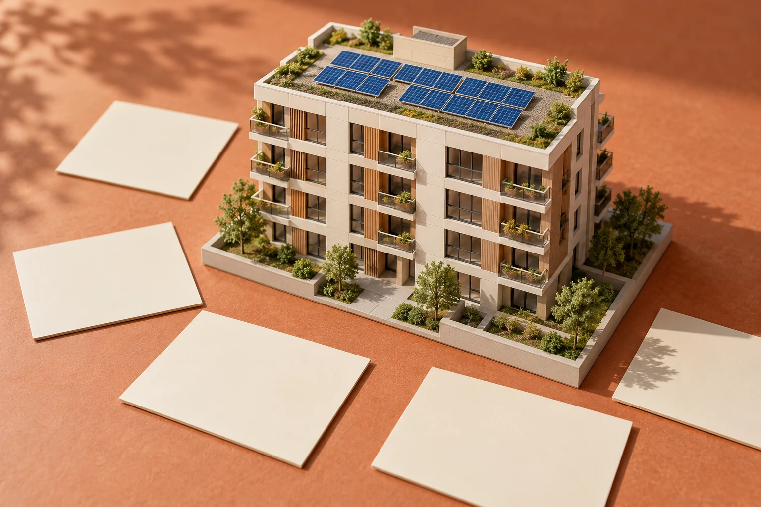 Maqueta de edificio con paneles y tarjetas de planificación sin cifras.