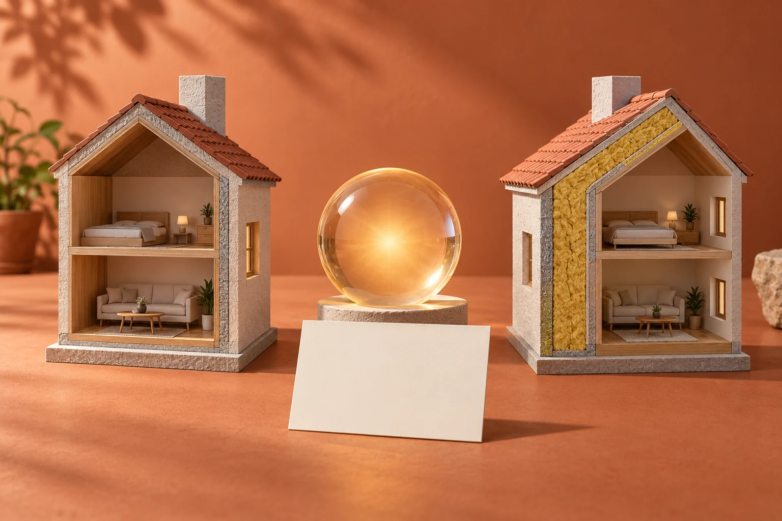Casas seccionadas y una esfera de energía conceptual, sin certificado ni ahorro medido.