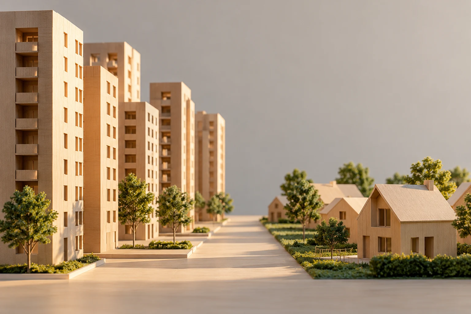 Maquetas de bloques urbanos y pequeñas casas separadas por un paseo vacío