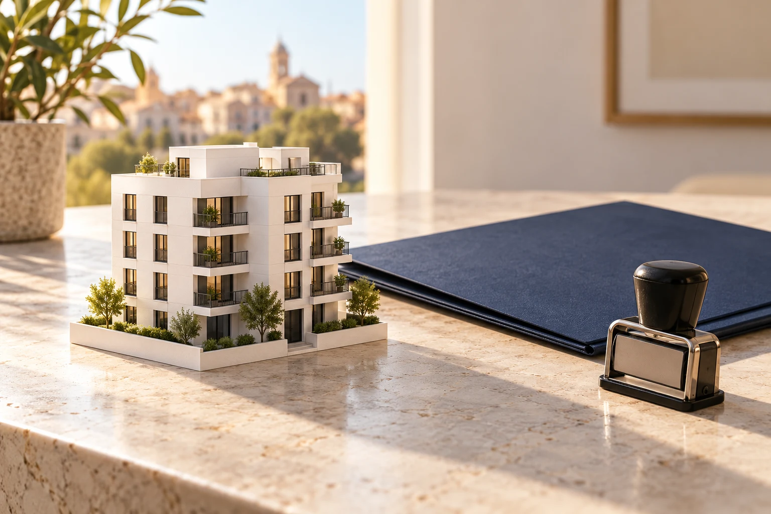 Maqueta conceptual de un edificio junto a una carpeta y un sello sin texto
