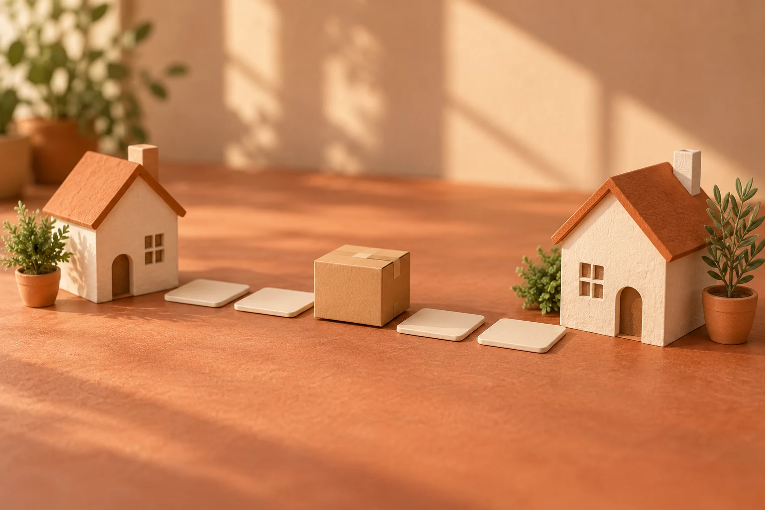 Dos casas y una caja de mudanza separadas por fichas sin fechas, representación conceptual.