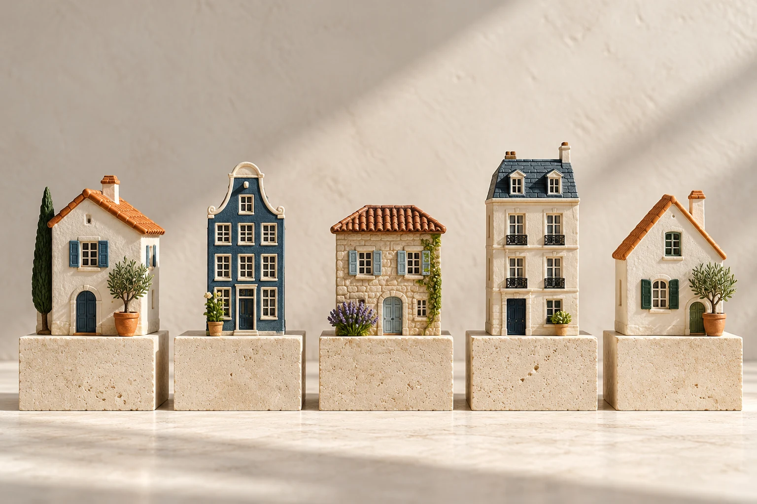 Miniaturas de viviendas europeas sobre bases iguales, sin precios ni clasificación.