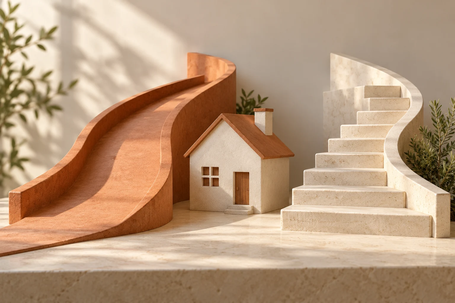 Dos caminos escultóricos distintos junto a una casa; no representan una evolución medida de tipos.