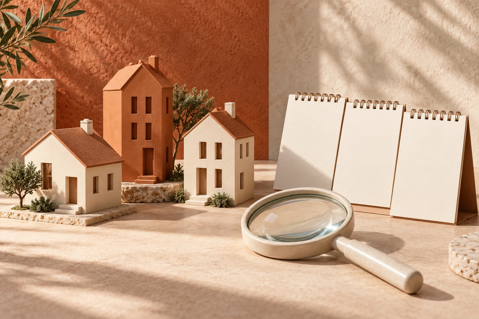Casas en miniatura y calendarios sin cifras como concepto de evolución trimestral.