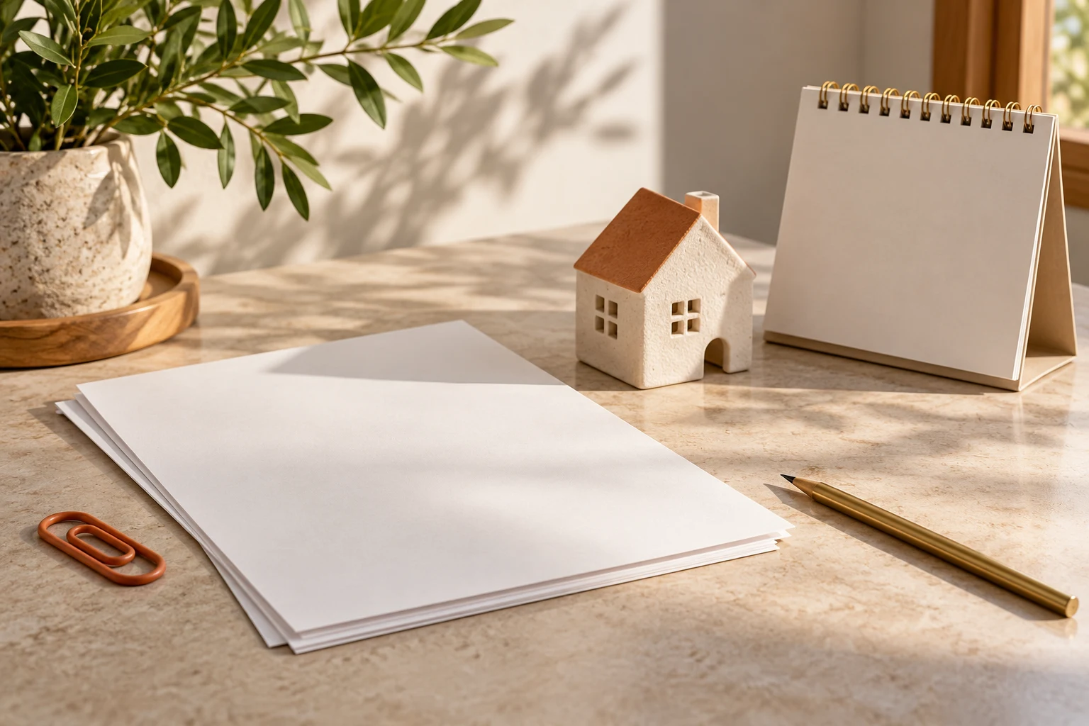 Papeles de alquiler y calendario sin cifras junto a una casa conceptual.