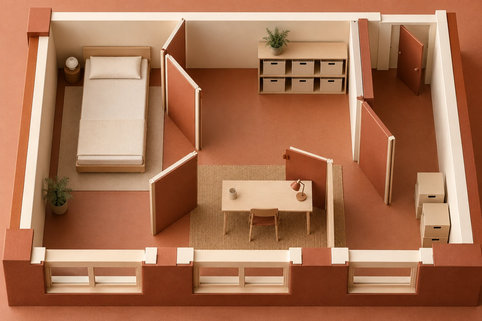 Maqueta de apartamento vacío con particiones y muebles, sin representar un hogar investigado.