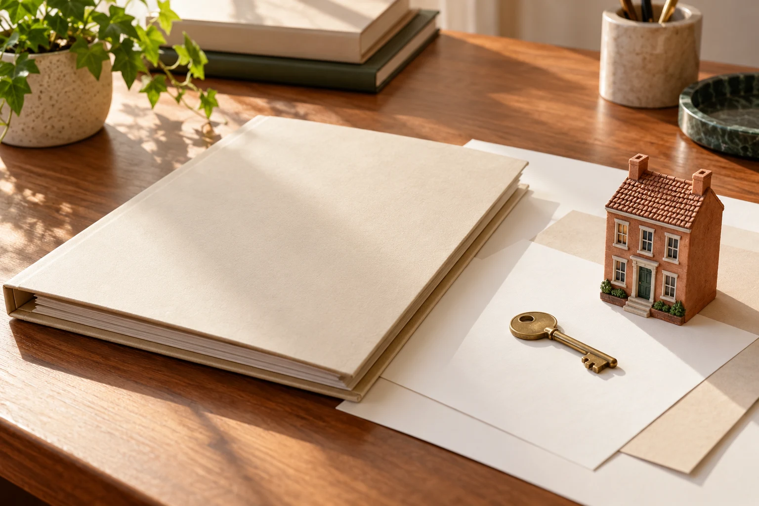 Carpeta y papeles sin datos junto a una llave y una casa en miniatura.