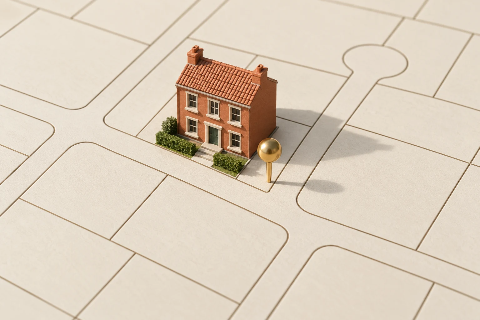 Casa en miniatura sobre parcelas geométricas sin direcciones ni datos reales.
