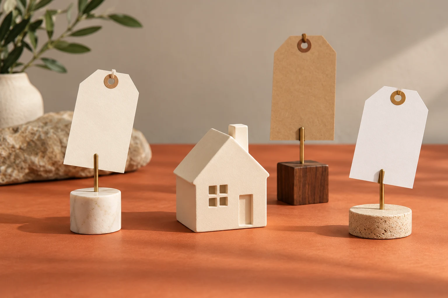 Una casa conceptual rodeada de tres etiquetas vacías como metáfora de valores distintos.