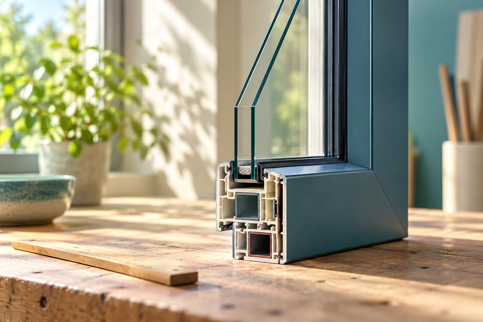 Muestra conceptual de marco y vidrio doble sobre una mesa de trabajo